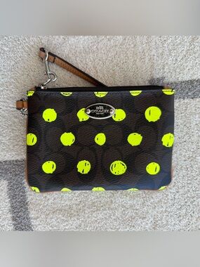 Coach Brown Leather Wristlet with Neon Yellow Dot Print